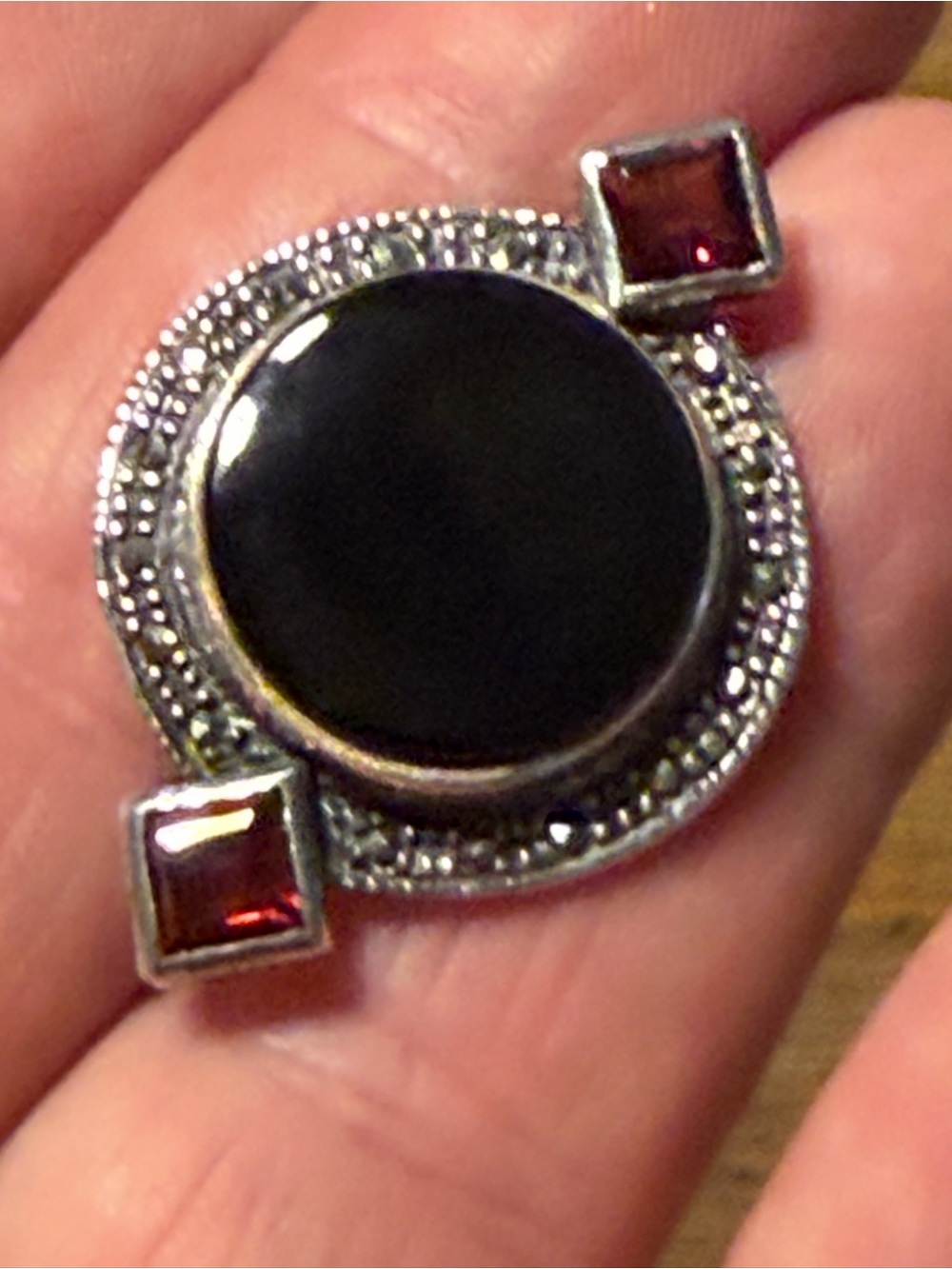 Black Onyx and Garnet Accent Brooch in Silver-Tone Setting